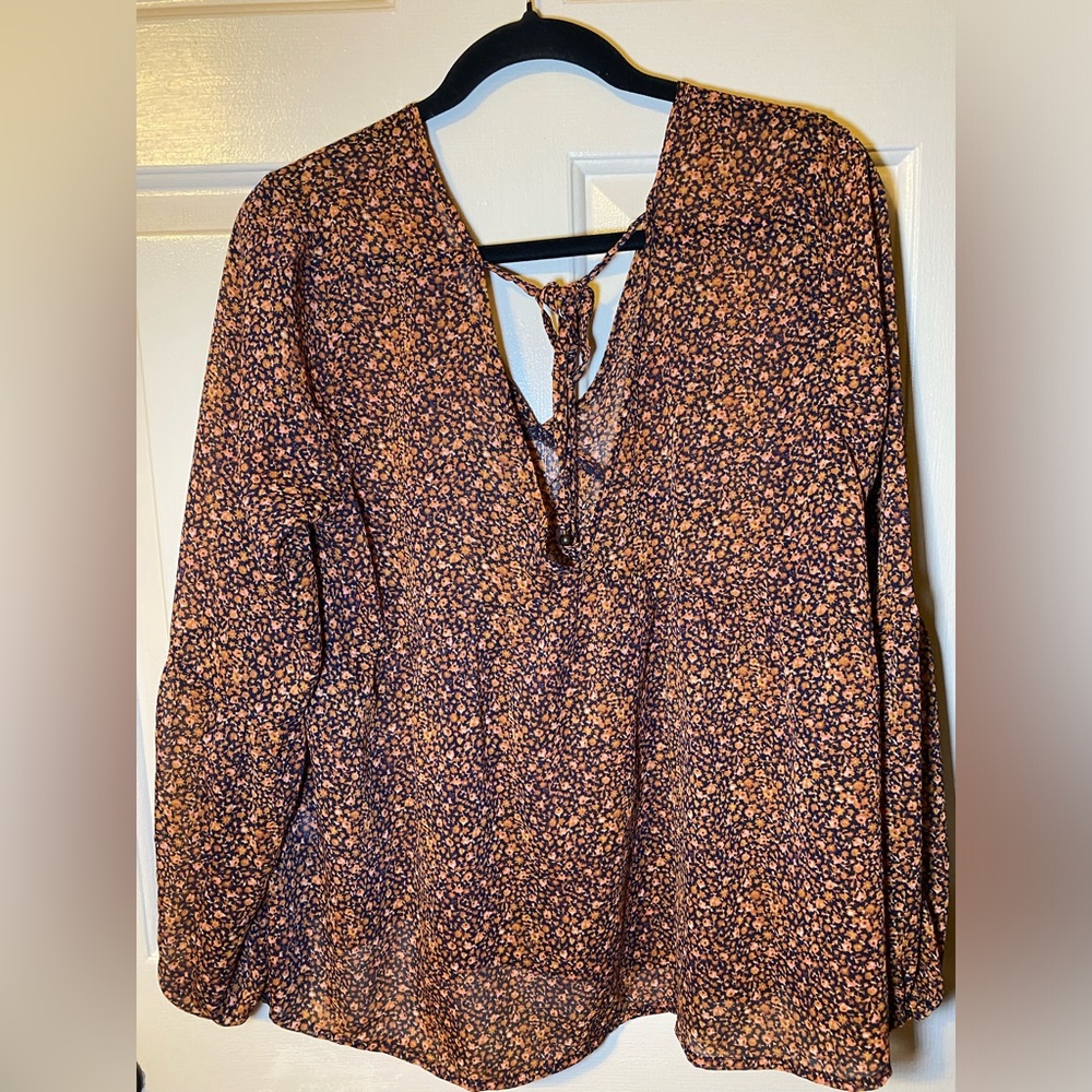 Bohemian Tie Split‎ Keyhole Neck Long Sleeve Pullover Blouse, L - Picture 2 of 3